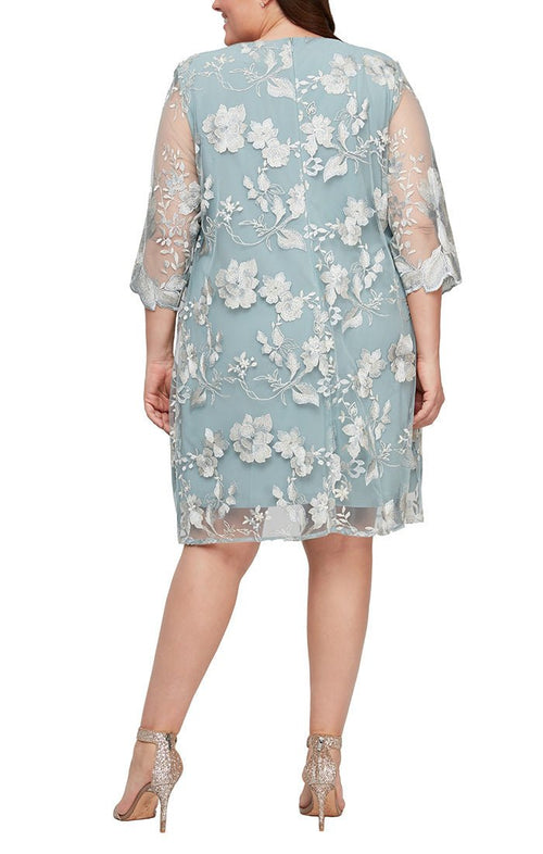 Plus - Short Embroidered Elongated Lace Mock Jacket with Jersey Sheath Dress - alexevenings.com