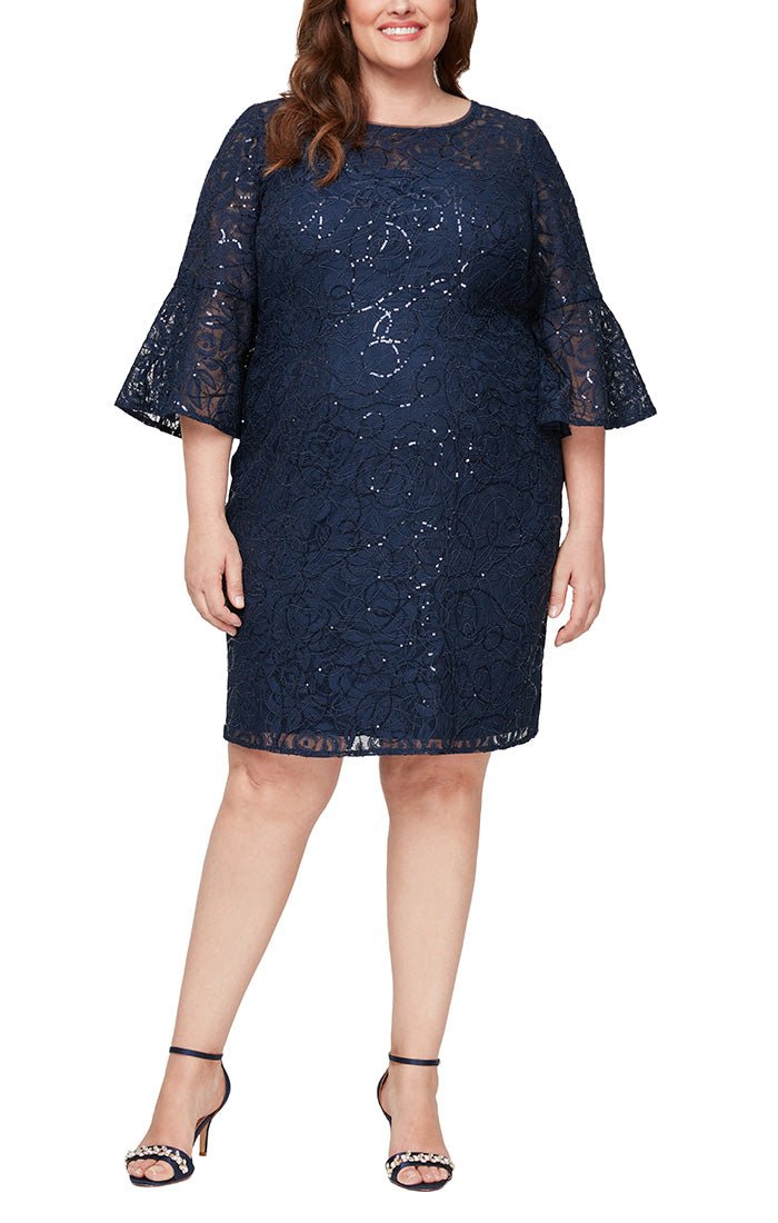 Plus - Short Sheath Corded Lace Dress with Illusion Neckline and Bell