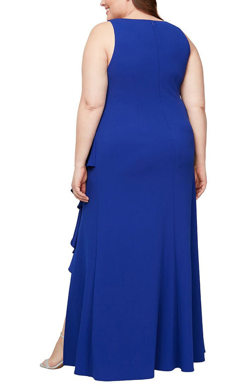 Plus Sleeveless Crepe Dress with Cascade Ruffle Skirt - alexevenings.com