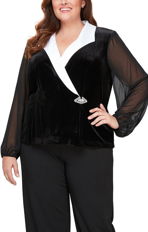 Plus Stretch Velvet Side Button Blouse - alexevenings.com