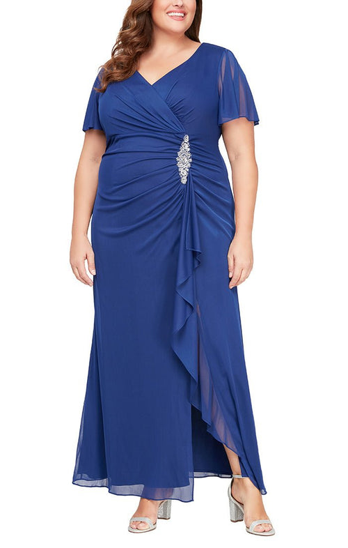 Plus Surplice Neckline Dress with Flutter Sleeves, Embellishment at Hip and Cascade Skirt Detail - alexevenings.com