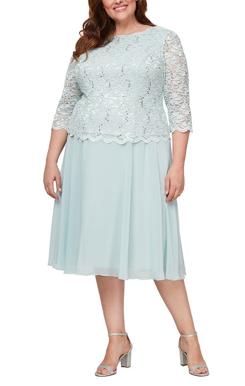 Plus Tea-Length Dress with Sequin Lace Bodice & Chiffon Skirt - alexevenings.com
