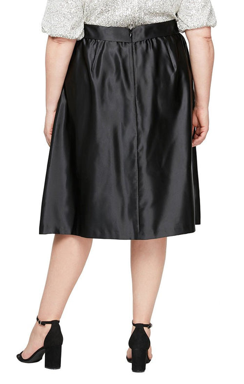 Plus Tea-Length Satin Skirt with Tie Belt & Pockets - alexevenings.com