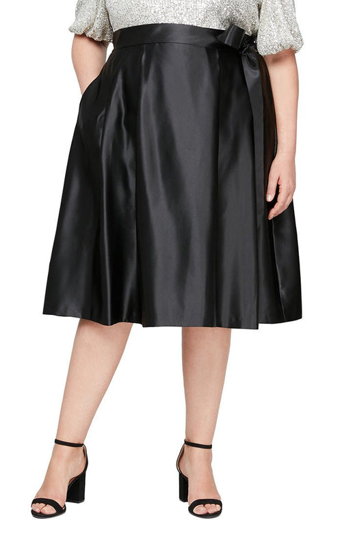 Plus Tea-Length Satin Skirt with Tie Belt & Pockets - alexevenings.com