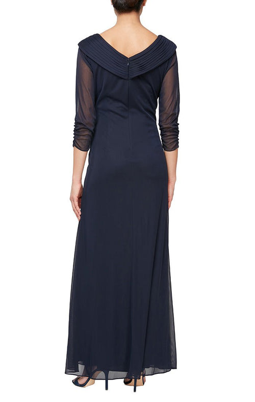 Portrait Collar Mesh Gown with Embellished Detail at Hip & Ruched Skirt Detail - alexevenings.com