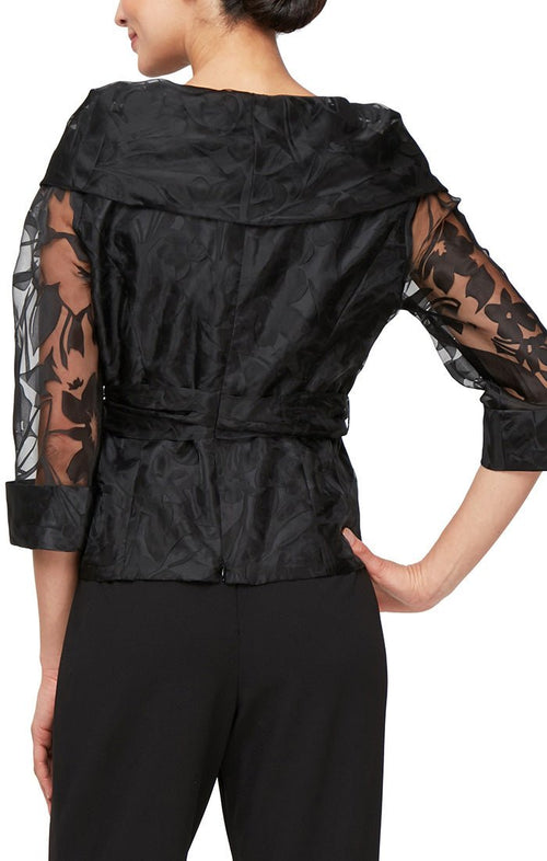 Portrait Collar Organza Blouse with Illusion Sleeves & Belt - alexevenings.com