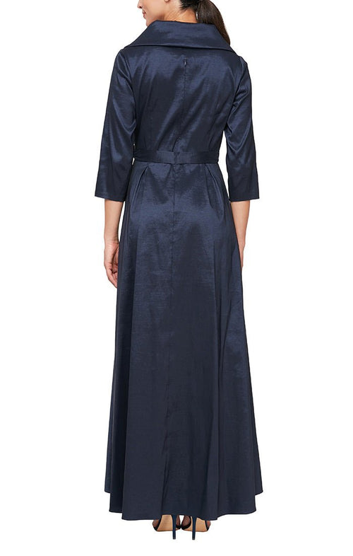 Portrait Collar Stretch Taffeta Dress with High Low Hem and Tie Belt - alexevenings.com