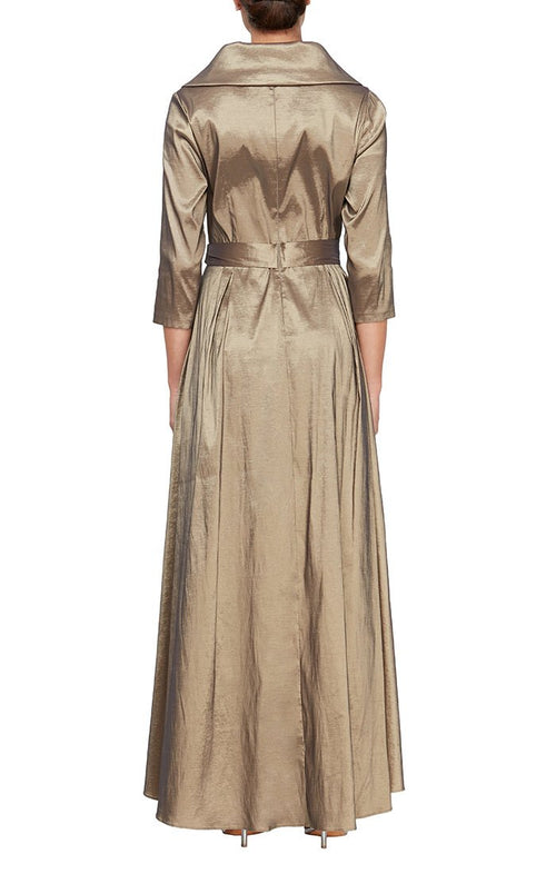 Portrait Collar Stretch Taffeta Dress with High Low Hem and Tie Belt - alexevenings.com