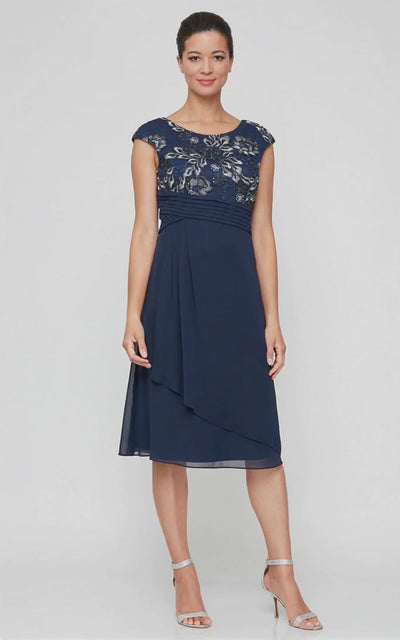 A-Line Stretch Tulle Dress with Embroidered Empire Bodice, Pleated Detail & Cascade Skirt - AI Generated