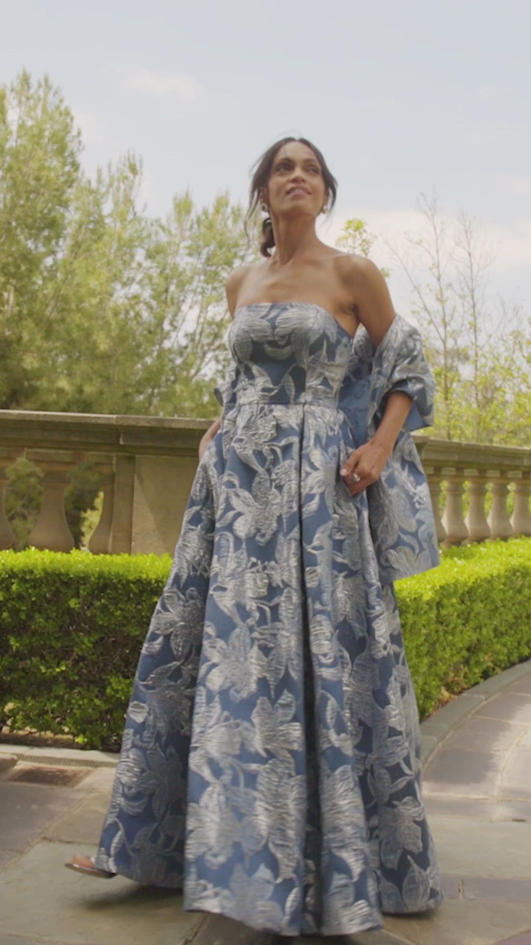 Strapless Printed Jacquard Gown with Shawl