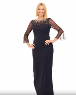 Long Column Stretch Crepe Gown with Heat Set Illusion Neckline & Bell Sleeves