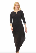 Long A-Line Jersey Dress with Side Ruched Cascade Skirt, Keyhole Cutout Neckline and Embllished Sleeves/Neckline