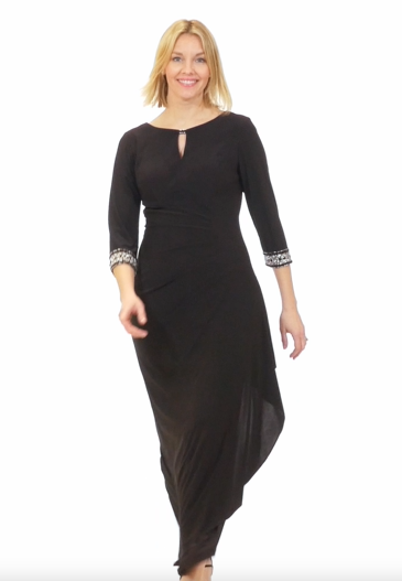 Long A Line Jersey Dress with Side Ruched Cascade Skirt Keyhole Cutou