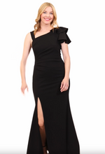 *Long Fit and Flare Crepe Dress with L-Neckline, Ruffle Shoulder Detail and Front Slit