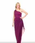 Long One Shoulder Mesh Gown with Beaded Hip Detail and Cascade Ruffle Skirt