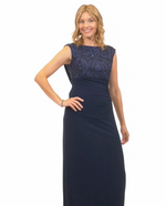 Cap Sleeve Empire Waist Dress with Matte Jersey Body and Cowl Back Detail with an Embroidered Sequin Lace Bodice