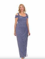 Cold Shoulder Glitter Mesh Dress with Draped Skirt & Cowl Neckline