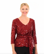 3/4 Sleeve V-Neck Sequin Blouse with Tie Waist Detail