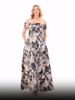 Long Off the Shoulder Printed Ballgown with Pockets