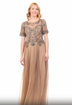 Long A-Line Hand Beaded Mock Dress with Illusion Neckline and Elbow Sleeves