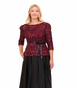 3/4 Sleeve Soutache Blouse with Puff Shoulder Sleeve Detail, Illusion Neckline & Tie Belt