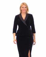 3/4 Sleeve Side Closure Velvet Blouse with Peplum Waist and Satin Collar