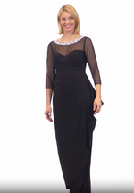 Long Matte Jersey Illusion 3/4 Sleeve Side Ruched Dress with Embellished Neckline