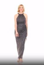 Sleeveless Glitter Mesh Halter Neck Dress with Cascade Detail Skirt
