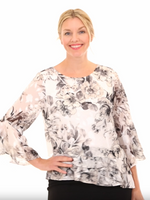 3/4 Sleeve Printed Chiffon Blouse with Bell Sleeves and Asymmetric Triple Tier Hem