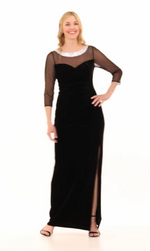 Long Velvet 3/4 Sleeve Side Ruched Dress with Embellished Neckline