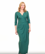 Long Surplice Compression Column Dress with Tucking Detail at Waist