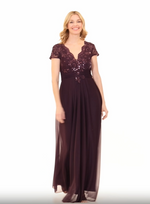 Long Surplice Neckline A-Line Dress with Embroidered Pleated Waist and Scallop Detail