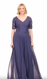 *Short Sleeve V-Neck Gown with Embroidered Lace Bodice and Mesh Skirt