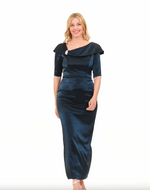 Long Shimmer Column Dress with Foldover Cuff L-Neckline and Elbow Sleeves