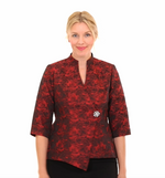 3/4 Sleeve Printed Jacquard Blouse with Asymmetric Hem & Decorative Closure