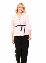 3/4 Sleeve Button Front Shimmer Blouse with Collar & Tie Belt