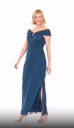 Long Off The Shoulder Dress with Embellished Ruched Neckline and Cascade Detail Skirt