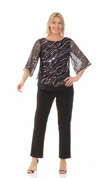 3/4 Sleeve Popover Sequin & Chiffon Blouse with Pointed Double Tier Hem