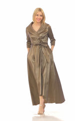 Portrait Collar Stretch Taffeta Dress with High Low Hem and Tie Belt