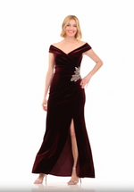 Plus Long Off the Shoulder Fit and Flare Dress With Surplice Sweetheart Neckline, Beaded Hip Detail and Front Slit