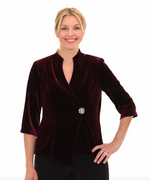 3/4 Sleeve Velvet Blouse with Asymmetric Pointed Hem & Embellished Closure