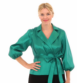 3/4 Sleeve Surplice Stretch Taffeta Blouse with Collar, Balloon Hem Sleeve and Tie Belt