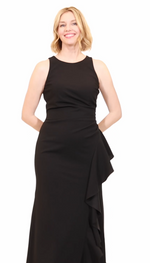 Sleeveless Stretch Crepe Dress with Cascade Ruffle Skirt Detail & Cutaway Neckline