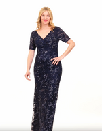 Long Embroidered V-Neck Dress with Illusion Neckline and Elbow Sleeves