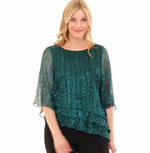 3/4 Sleeve Metallic Knit Blouse with Asymmetric Triple Tier Hem