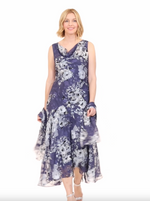 Cowl Neck Floral Chiffon Dress with High/Low Skirt and Matching Shawl