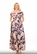 Long Off-the-Shoulder Printed Jacquard Ballgown with Pockets