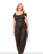 Cold Shoulder Glitter Mesh Dress with Draped Skirt & Cowl Neckline