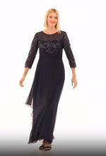 Long 3/4 Sleeve Gown with Embroidered Bodice, Pleated Waist and Asymmetric Cascade Skirt