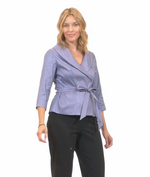 3/4 Sleeve Surplice Stretch Taffeta Blouse with Tie Waist Detail